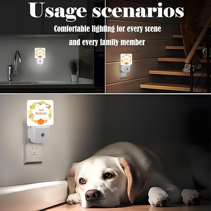 FSHVQKD Hello Autumn Night Light,Plug Into Wall with Dusk to Dawn Light Sensors, Warm Nightlights for Bedroom, Bathroom, Hallway, Kitchen, Gifts Ideal for Boys Girls Women Men
