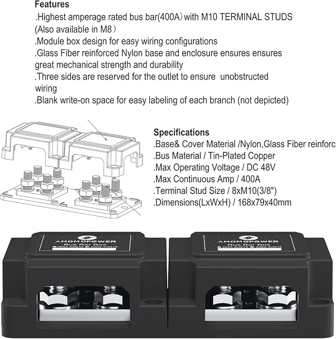 AMOMD 400A Bus Bar 8 M10 (3/8 inch) Terminal Studs Modular Design Tin Plated Copper Distribution Block Negative Pole Electrical Buss Bars 12-48 V DC with Cover for Trailer Marine Boat Car RV