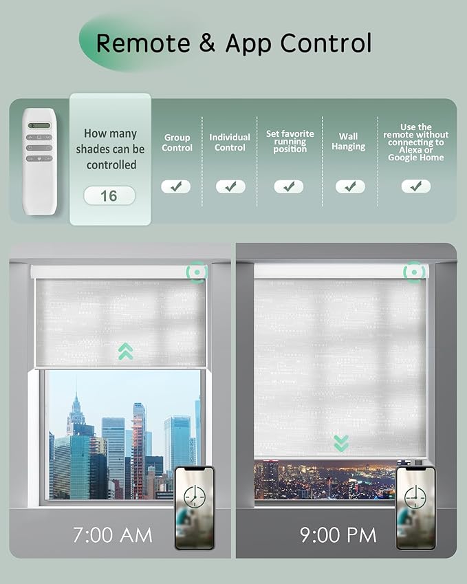 Yoolax Motorized Blinds App Control, Light Filtering Motorized Shades for Windows, Cordless Automatic Roller Shades for Bedroom Living Room Office(Light Filtering Jacquard White, 43" W x 72" H)