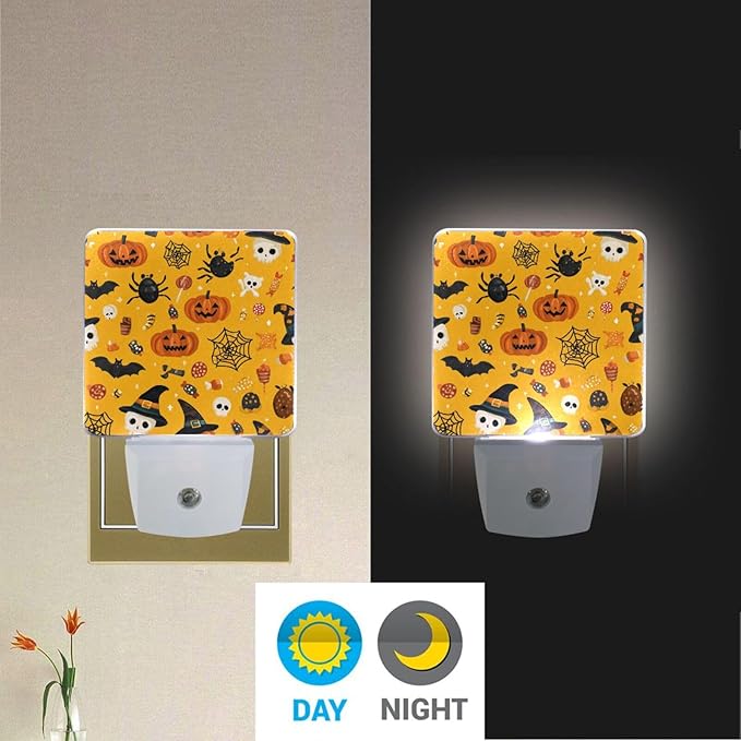 Pigsaly Led Night Light Cute Halloween Pumpkin Witch Hat Bat Skull Spider Web Candy Night Light Plug in Wall Lamp Smart Dusk to Dawn Sensor Nightlight Led Lamp Energy Saving Lights Gift for Kids Roo