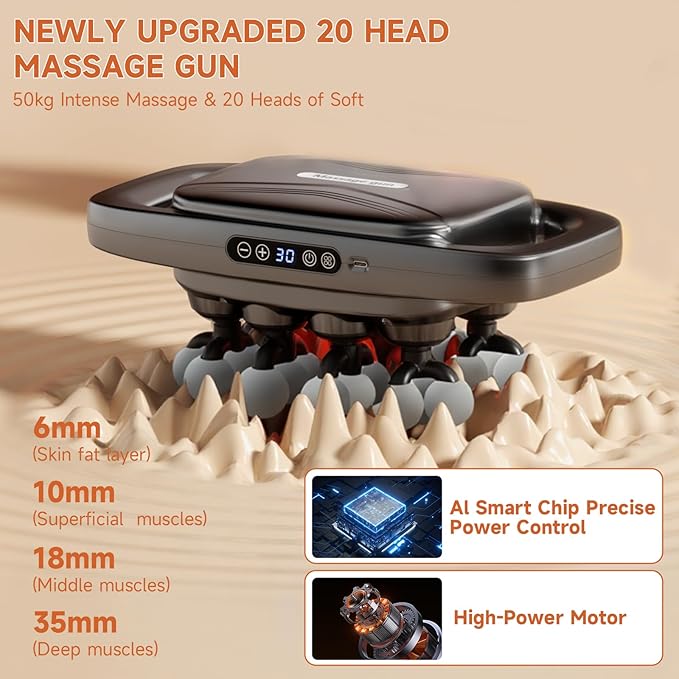 Bnbvo 20 Head Massage Gun, Massage Gun Deep Tissue with 3 Modes & 30 Levels Intensities, Quiet Percussion Massage Gun for Back, Shoulders, Legs and Full Body Muscle Pain Relief, Gifts for Men, Women