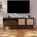 Calista TV Stand 1 Drawer 2 Door – Chestnut Finish Media Console with Open Shelf & Fabric Panel Doors, Mid-Century Modern Style with Tapered Legs, Easy Assembly
