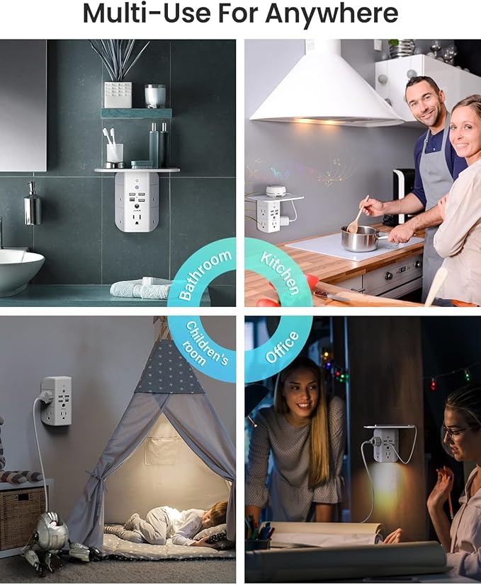 PD20W Wall Outlet Extender, Outlet Splitter with Shelf and Night Light, USB Wall Charger with 5 AC Outlets and 3 USB A Ports 1 USB C Ports Wide Space 3-Sided Power Strip Multi Plug Outlets
