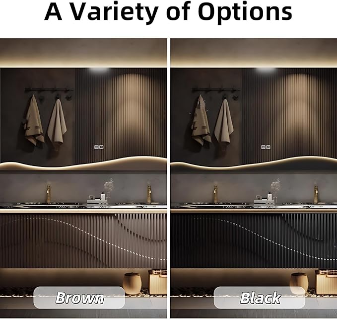 Double Sink Bathroom Vanity - Bathroom Vanities with Tops & Smart Defogging LED Lamp | Innovative Door Panel Design with Concealed Handle, Metal Faucet (Brown, 64IN)
