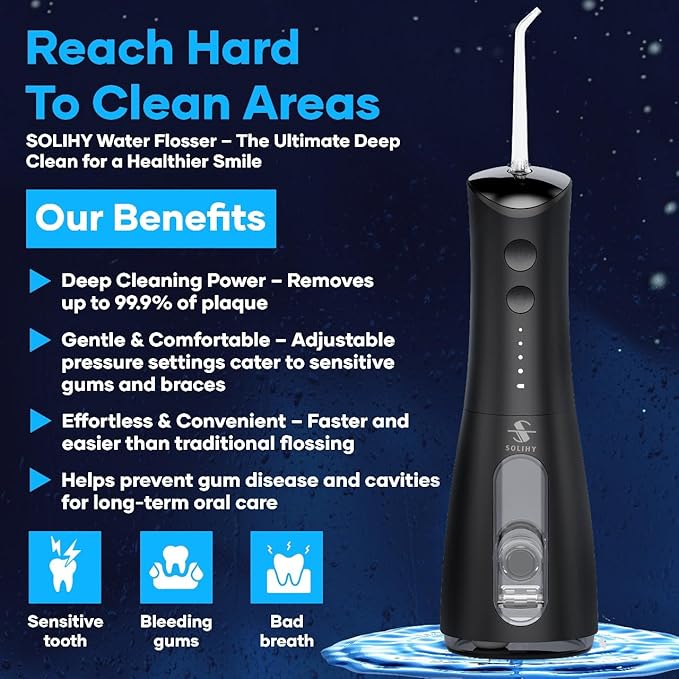 SOLIHY Cordless Water Flosser, Water Dental Flosser, Rechargeable Irrigation Cleaner,4 Modes Portable Water Flosser with 5 Nozzles, Water Flossers for Teeth, Dental Tools (Black)