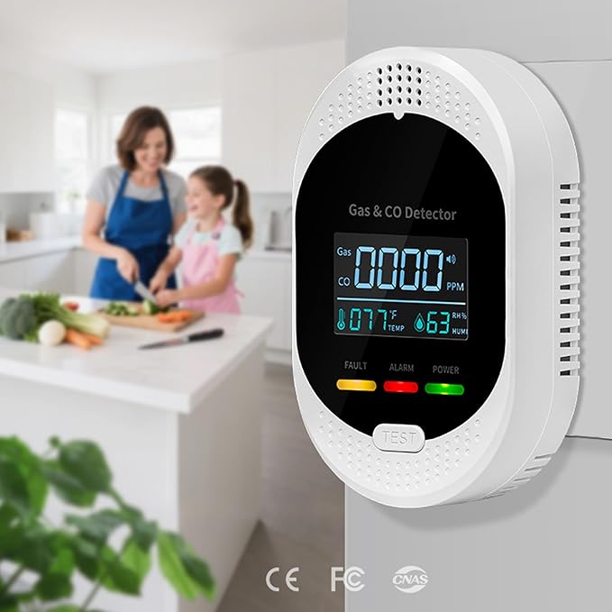 5PCS 4-in-1 Carbon Monoxide & Natural Gas Detectors with Temperature/Humidity LCD Display, Plug in Co Leak Detector Propane Monitor for Home Travel RV Essentials, Sound Alarm Over 85dB