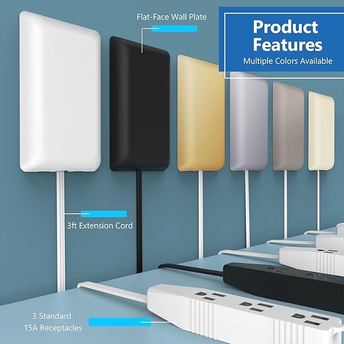 LIDER Flat-Face Outlet Extender with 3 Receptacles, Ultra-Thin Wall Plate Plug with Cord Extender and 3-Outlet Power Strip, 3ft Cord, LWE3-315-W3P, ETL-Listed, White, 3 Pack