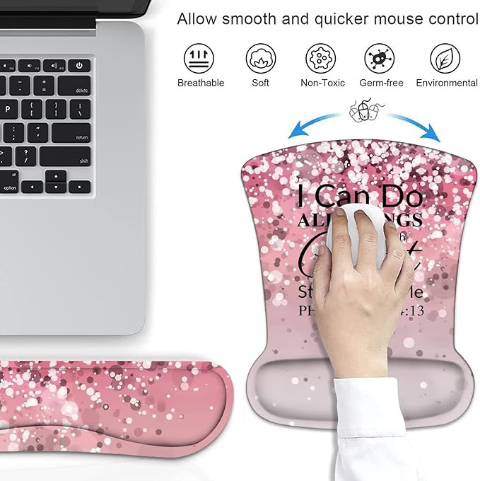 Ergonomic Mouse Pad Wrist Support and Keyboard Wrist Rest Set with Coasters, Non-Slip PU Base, Easy Typing & Pain Relief, Perfect for Home Office Working Studying, Bible Verse Philippians 4:13