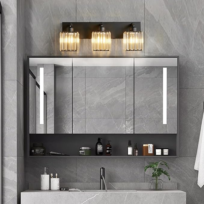 FDPBY Modern Bathroom Vanity Light 3-Lights Modern Black Crystal Wall Light Bathroom Vanity Light Fixtures