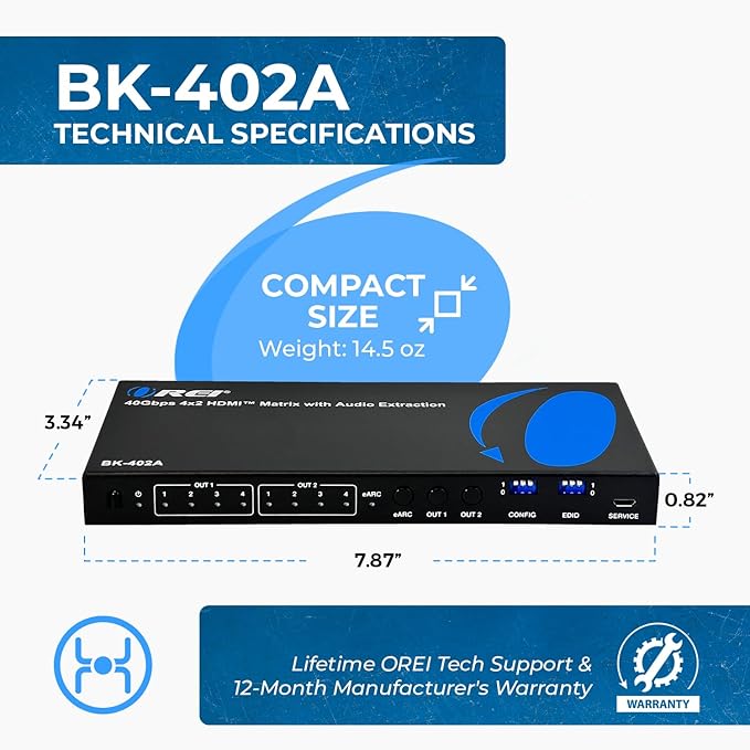 OREI 8K eARC HDMI Matrix Switch 4 X 2, Switcher with Audio Extractor UltraHD Supports Upto 4K @ 120Hz IR EDID HDCP 2.3 - Remote Control (BK-402A)