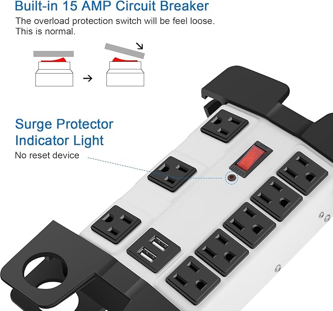 Heavy Duty Power Strip with USB, Workshop 8 Outlet Surge Protector 2700 Joules, Grey Industrial Metal 15Amp Power Strip, 12 FT Extension Cord and Wide Spaced.