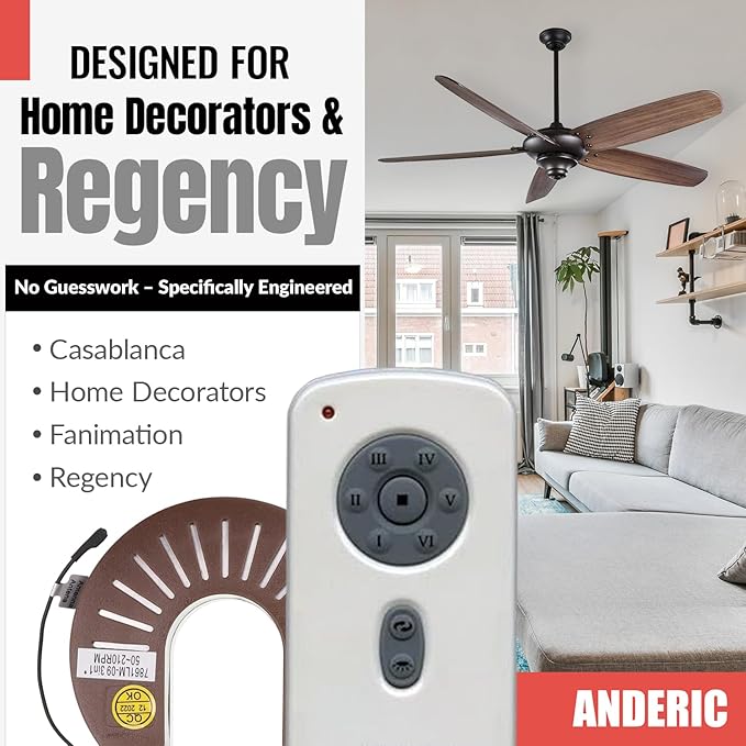 Anderic RH786R/RR787T-KIT 6-Speed DC Ceiling Fan Remote Control Kit Replacement for Casablanca Fanimation Slinger Holliston Panama Stealth Fellini – Light Dimmer, Reverse Function - CHQRH787T RH786R