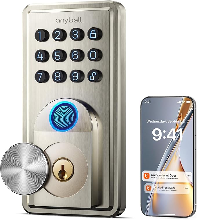 Smart Door Lock, Anybell Fingerprint Door Lock Keyless Entry with Electronic Keypad Deadbolt, App Control, Auto Lock, Biometric Lock for Front Door, Hotel & Office