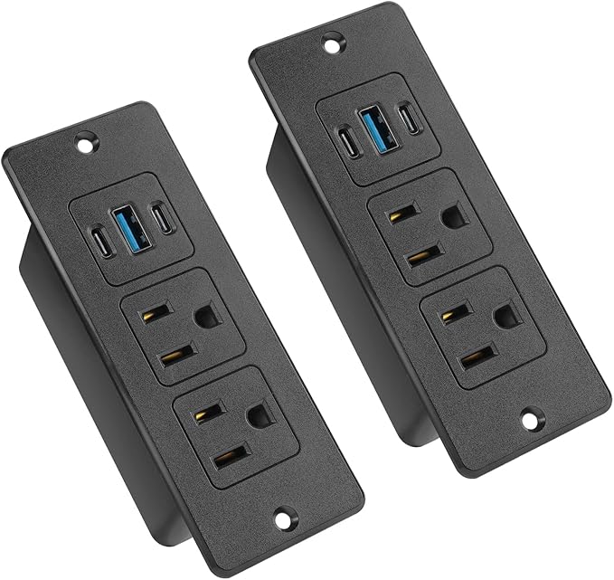 2 Pack Recessed Power Strips USB, 20W Fast Charging Furniture Outlets - 2 AC & 3 USB (2 USB-C + 1 USB-A) for Desk, Bedside, Drawer - Space-Saving, 6FT Cord, Black