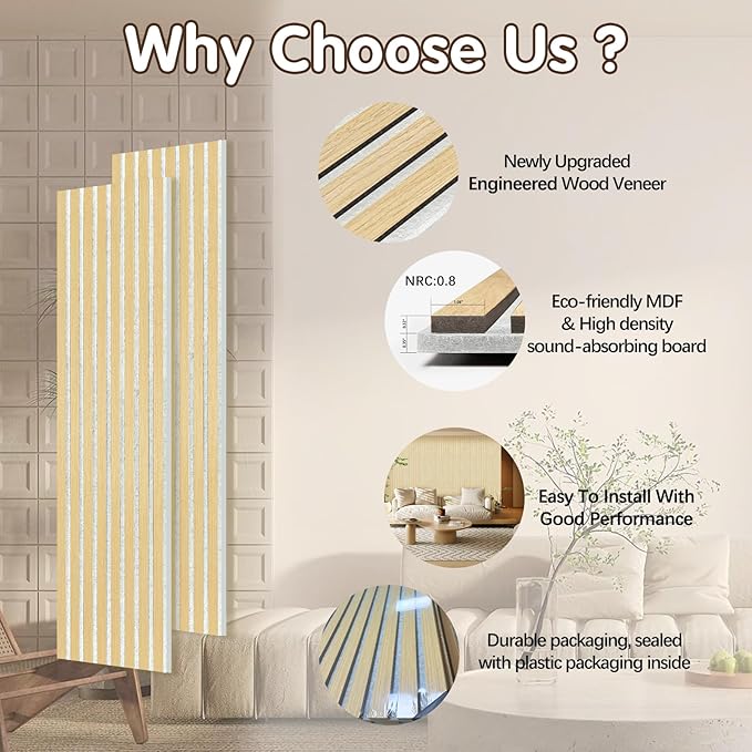 ARMURO Wall Panels for Interior Wall Decor, 2-Pack Slat Wall Paneling, Oak Wood Veneer Acoustic Wall Panels - Wall Slats 12.6" W x 94.5