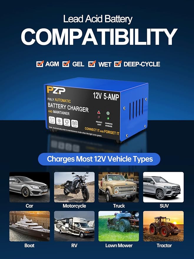 12v Smart Car Battery Charger, 5Amp Fully-Automatic Trickle Charger, Battery Desulfator with Auto Repair, 12 Volt Battery Maintainer, Winter Mode, Suitable for AGM, Deep Cycle, Lawn Mower, RV