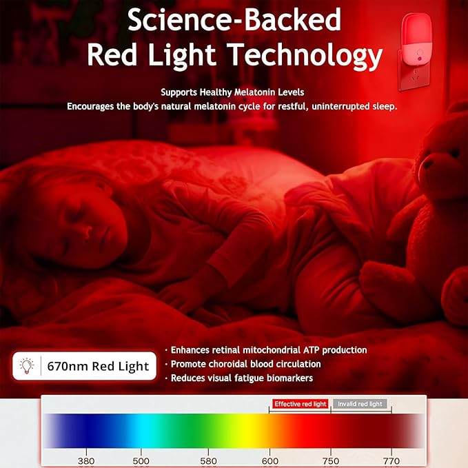 670nm Red Light Night Light for Sleep Therapy, 2 Pack Auto On/Off Dimmable Night Light with Dusk to Dawn Sensor, LED Night Lights Plug into Wall Promote Melatonin Natural Sleep for Baby Kid Adult Room