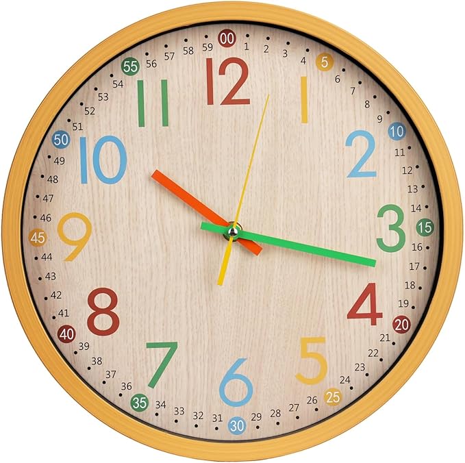 bakbrand Kids Wall Clock Silent Non-Ticking Colorful Childrens Clock Round Decorative Wall Clocks for Classroom, School, Office, Bedroom, Living Room, Kitchen (Oak, 12 inch)