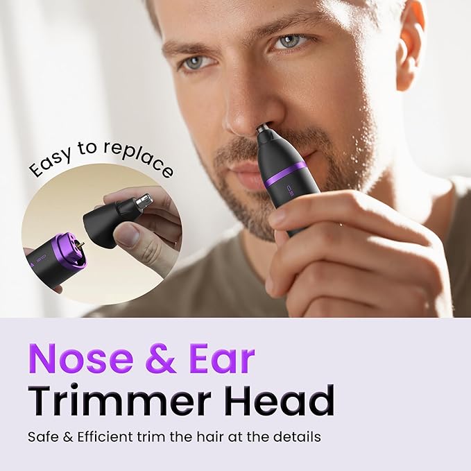 Groin & Body Hair Trimmer for Men - Electric Shaver for Pubic Hair, Chest, Legs - Ball Pubic Groomer, LED Light, Replaceable Ceramic Blade Heads, USB-C Recharge Dock, Waterproof Hygiene Razor, Purple