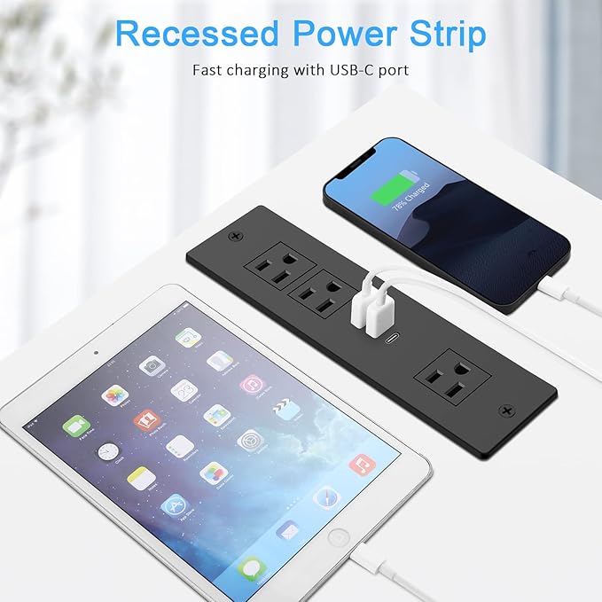 Recessed Power Strip, Furniture Plug in 3 Outlets & Fast Charging 20W PD USB-C Port & 18W/3A QC3.0 USB-A Ports Drawer Outlet with 10 FT Flat Extension Cord, Desk Grommet Outlet for Table Top Black
