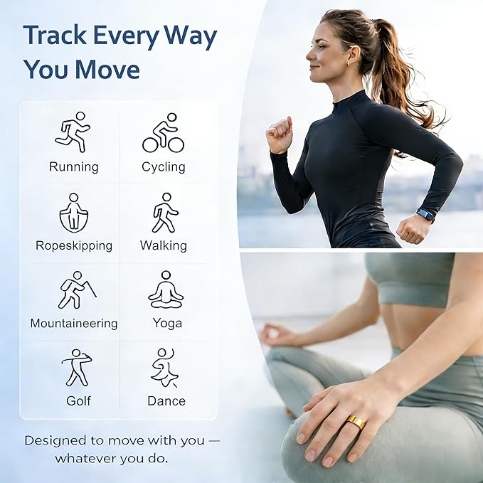 Smart Ring Health & Fitness Tracker for Men & Women, Heart Rate, SPO₂, Sleep & Activity Monitoring, IP68 Waterproof, Long Battery Life, Family Care Mode, No Subscription Fee (Gold, 10)