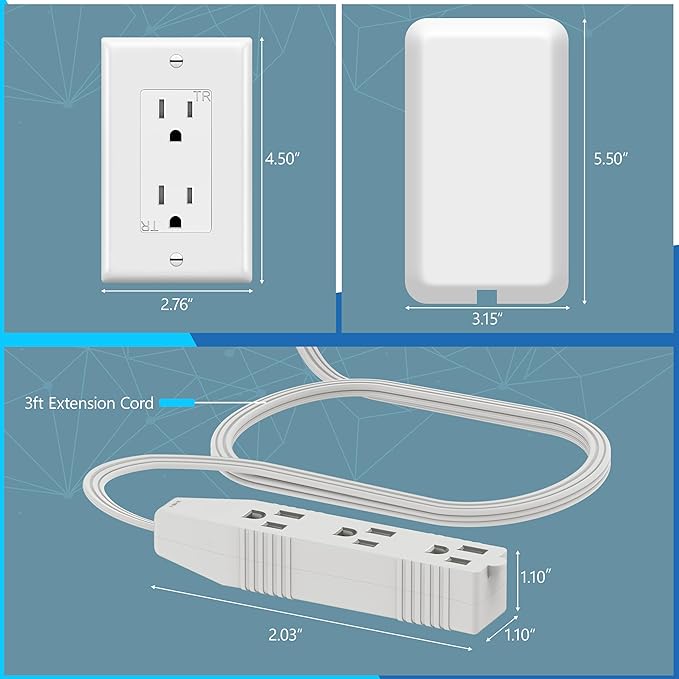 LIDER Flat-Face Outlet Extender with 3 Receptacles, Ultra-Thin Wall Plate Plug with Cord Extender and 3-Outlet Power Strip, 3ft Cord, LWE3-315-W2P, ETL-Listed, White, 2 Pack