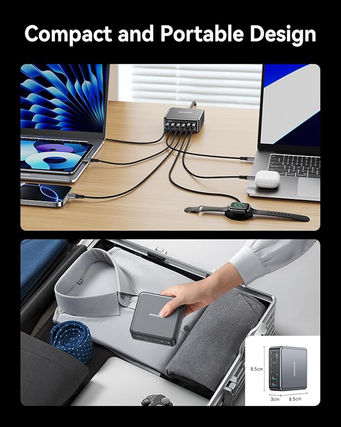 270W USB C Charger Block, Rocoren 6 Port Multi USB-C Charging Station,100W PD Fast USBC Gan Charger Station Hub Dock for Multiple Devices, Laptop Type C for MacBook/iPhone 17/iPad/Galaxy S25 (Black)