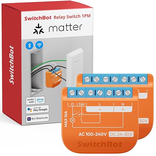 SwitchBot Matte Relay Switch 1PM, WiFi Switch Compatible with Alexa/Apple Home/Google Home, Power-Measuring Relay Switch Module with Integrated Bluetooth Repeater, Bluetooth & WiFi 2.4GHz, 16A