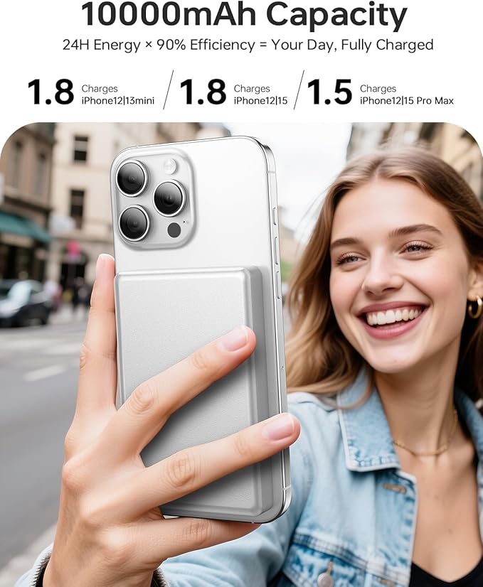 10,000mAh for MagSafe Power Bank Ultra Slim, Magnetic Wireless Charger with USB-C Cable, Fast Charging Portable Battery for iPhone 17/16/15/14/13/12 Series, All-Metal Design, Silver