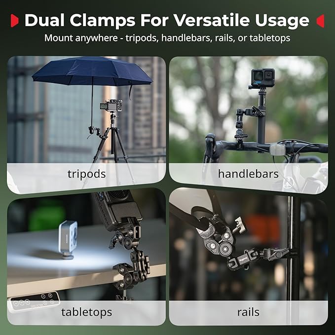 SMALLRIG Double Super Clamp Mount with Magic Arm, 360° Ballhead Pole Clamp for Umbrella, Chair Monitor Desk Photo Studio Light Stand, Photography Reflector, Motorcycle,Tripod Mount for Cross Bar