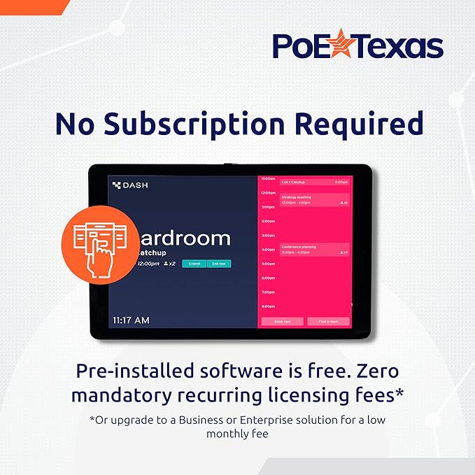 PoE Texas 8" Touchscreen Meeting Room Scheduler Tablet (No Subscription Required) - Plug and Play PoE Office Conference Room Scheduler - Digital Display Syncs with Business Calendar