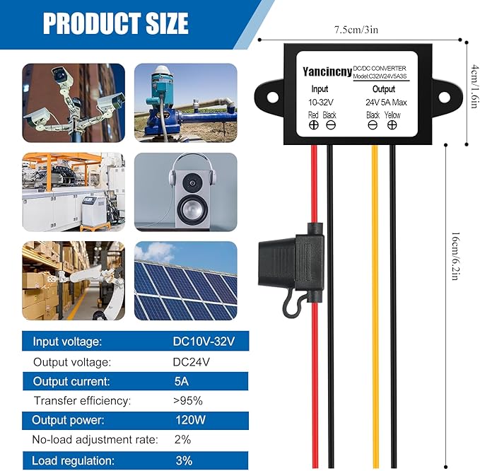 Yancincny Voltage Stabilizer 10-32V to 24V 5A, dc 12V to 24V 120W Waterproof DC DC Converter with Over Current/Temperature Protection & Fuse, for 24V Lighting, CCTV Camera, Car Truck