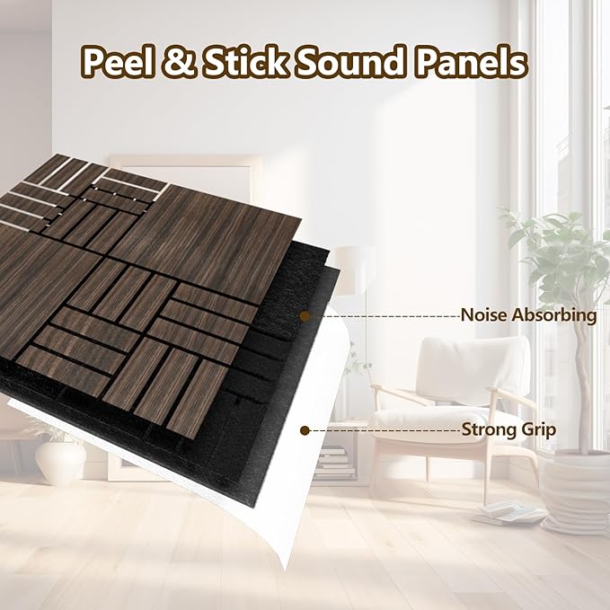 ARMURO 4 Packs Acoustic Wall Panels - Self-Adhesive 3D Wood Slat Wall Panel- Peel and Stick Sound Absorbing Panels for Noise Reducing - Feature Wall Decor for Home & Office