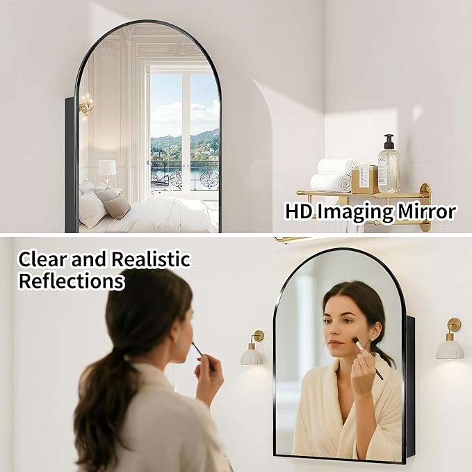 Bathroom Mirror with Storage,Arched Medicine Cabinet with Mirror,Medicine Cabinet Wall Mount,Black Bathroom Vanity Mirror with Storage,Adjustable Shelves,20x30 Inch