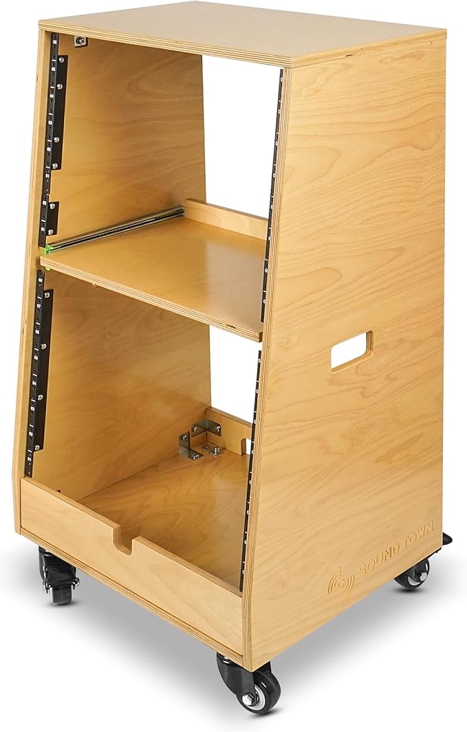 Sound Town DIY Slanted 16U Studio Rack (8U Top + 8U Lower), with 2U Bottom Storage, Slide-Out Tray, Caster, Plywood, Golden Oak For Recording Room, Home Studio (SDRK-ST16T)