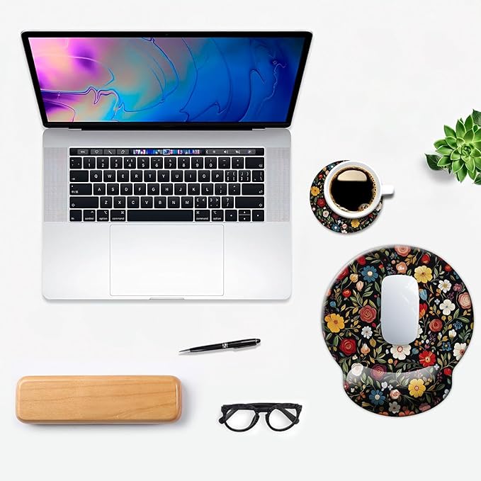 Ergo Comfort Gel Wrist Rest Mouse Pad-Ergonomic Office Mousepad with Wrist Support-Non-Slip, Design Desk Accessories Mat for Home&Game Decor Black Floral