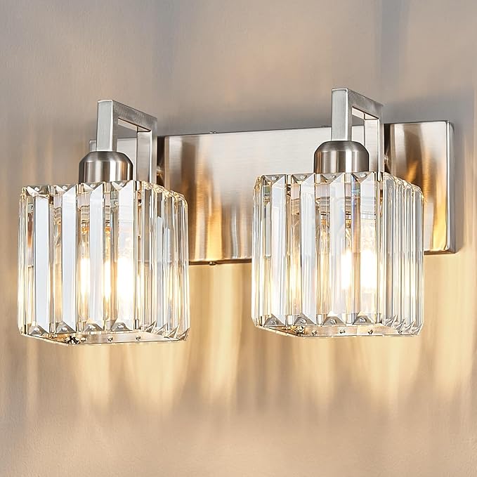 FDPBY Modern Bathroom Vanity Light 2-Lights Brushed Nickel Vanity Light Crystal Wall Light Bathroom Light Fixtures