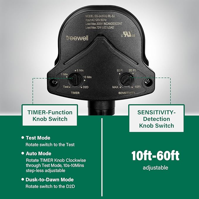 TREEWELL 240-Degree Replacement Motion Detector, Adjustable Time & Detection Sensitivity Up to 60 Feet Range, 3 Working Modes Pir Motion Sensor for Security Floodlight, Black, UL Listed