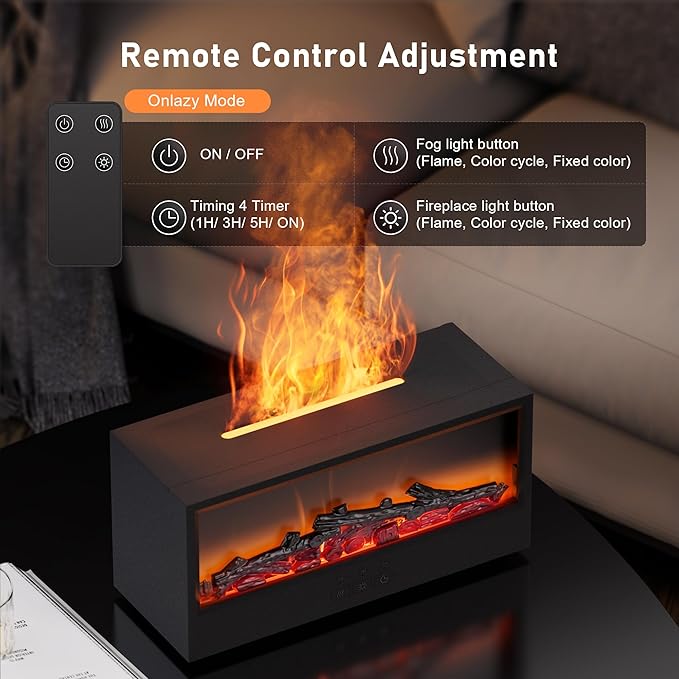 Fireplace Flame Air Diffuser Humidifier,7 Colors Aromatherapy Essential Oil Diffuser, Ultrasonic Aroma Humidifier with Remote Control & Timer for Bedroom, Home, Office, Yoga (Black)