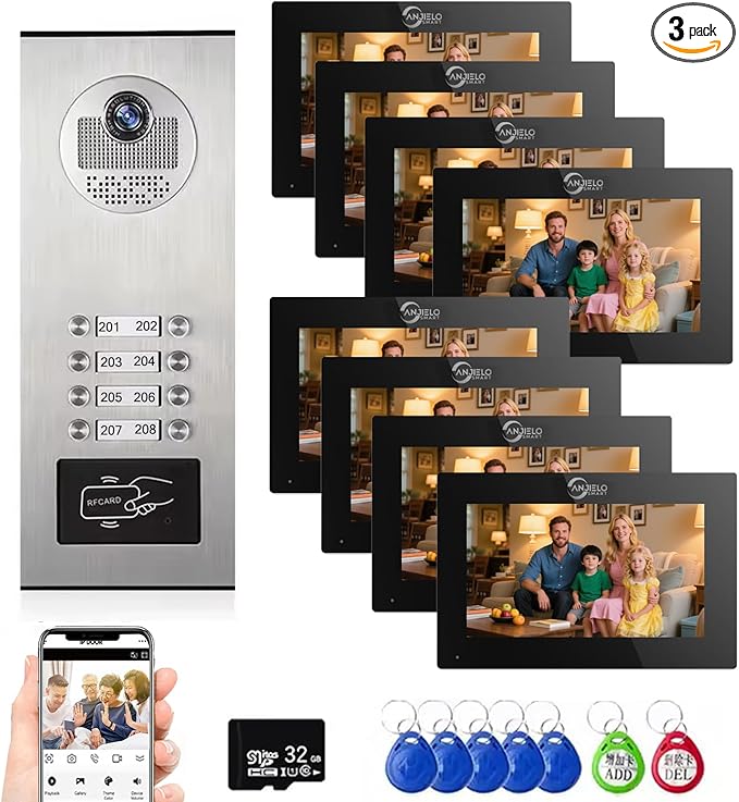 Wired Apartment Video Intercom System,1080P HD Video Doorbell, Compatible with 8 Units 7-inch Touchscreen,Supports Motion Detection,Two-Way Audio,Tuya Smart Home