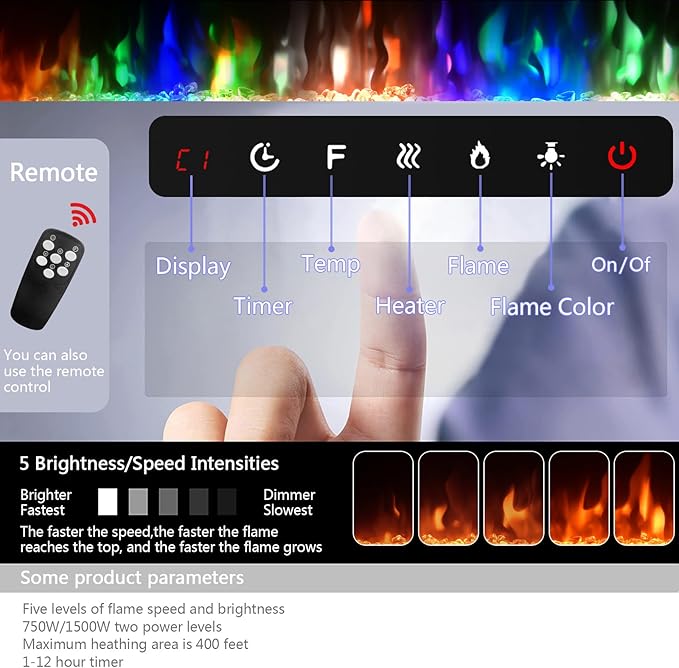90 inch Ultra-Thin Electric Fireplace Recessed and Wall Mounted with Touch Screen Control Panel/Remote Control/App Control - Timer,Realistic 5 Flame - Crystal