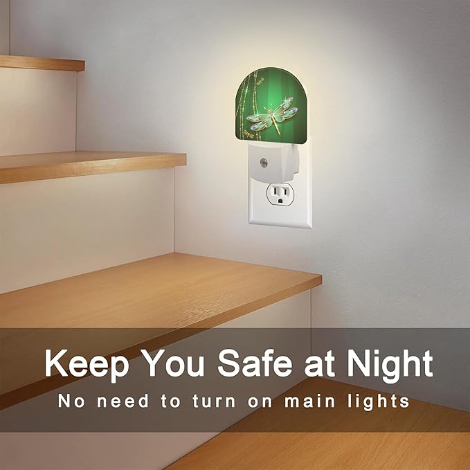 sndheke Green Jewel Dragonfly Night Light for Kids,Luxuxy Gold Dragonfly Night Light Plug in with Dusk to Dawn Sensor,0.5w Energy Saving Sleep Friendly Nightlight for Hallway Stairway Kitchen Bedroom