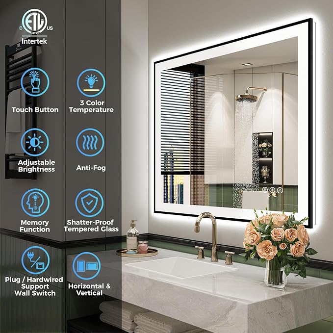 YEELAIT 28x36 Inch LED Bathroom Mirror with Lights (Front Lit and Backlit) Black Framed Lighted Vanity Mirror for Bathroom Wall Dimmable Anti-Fog Memory Tempered Glass Horizontal/Vertical