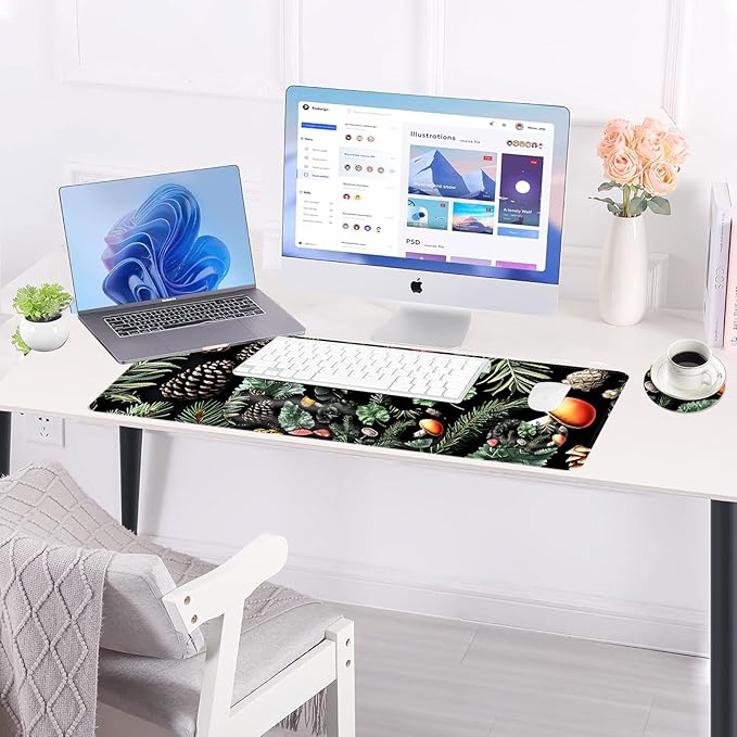 BFUKVOU Large Keyboard Mouse Pad Set, Extended Mouse Pad+Keyboard Wrist Rest Support, Memory Foam Ergonomic Easy Typing, 4Pcs (31.5×11.8 in) Desk Pad Set for Office Home,Mushrooms and Leaves
