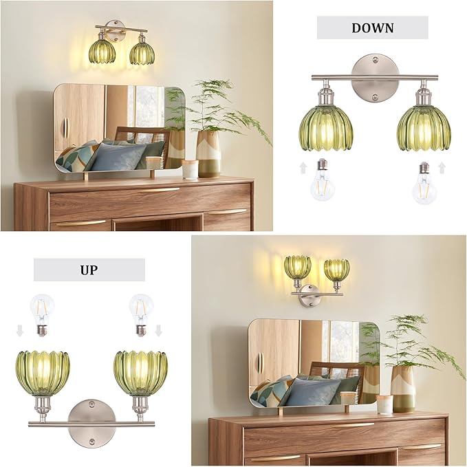 Shenmoyl Bathroom Light Fixtures, 2-Light Vanity Wall Light Over Mirror with Green Tulip Glass Shade for Bedroom Living Room (Bulb Not Included), Satin Nickel