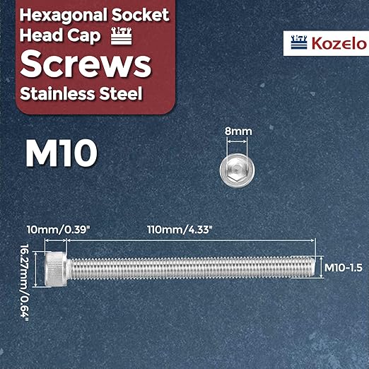 Kozelo 2pcs Socket Head Cap Screws - [M10-1.5 x 110mm] 304 Stainless Steel Allen Socket Drive for Electrical Motor 3D Printing Fan Engine Replacement Use, Silver