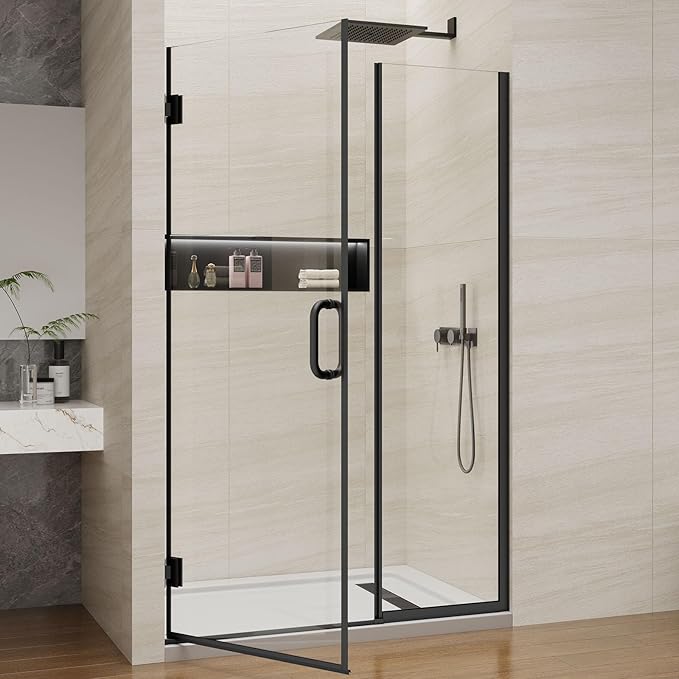 Pivot Swing Shower Door, Adjustable Width 48" W x 74" H Semi-Frameless Shower Glass Door with 5/16 in (8mm) Clear SGCC Tempered Glass with Nano Easy-Clean Coating (Matte Black)
