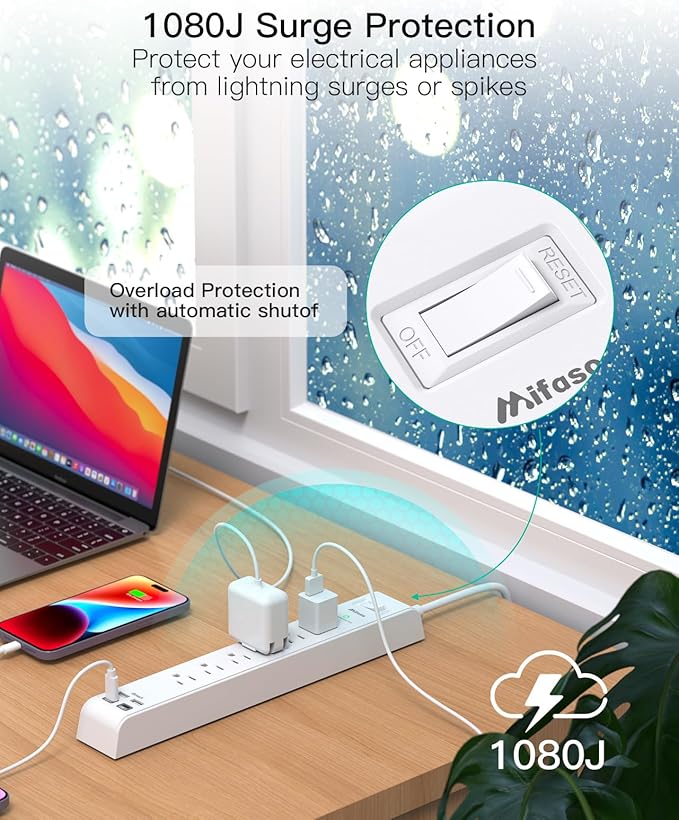 2 Pack Power Strip, 12FT Long Extension Cord, Surge Protector with 6 Outlets and 4 USB Ports (2 USB C), Flat Plug Overload Protection, Extension Cord 10+ ft, Wall Mount for Home Office Dorm College