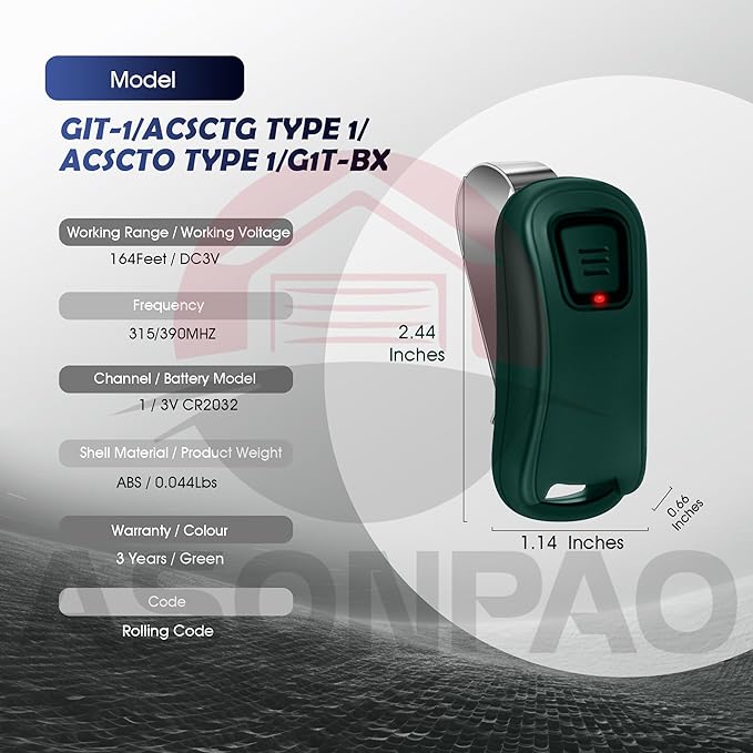 2 for Genie Overhead Door Garage Door Opener Remote G1T-BX O1T-BX Intellicode (10-Year-Warranty)