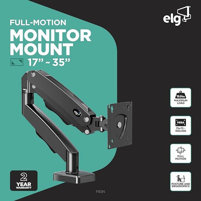 ELG Full Motion Swivel Single Monitor Desk Mount Stand: Empower Your Workspace with Unmatched Flexibility for 17” to 35'' Displays (4.4lbs to 19.8lbs Load) - F80N Model in Striking Black